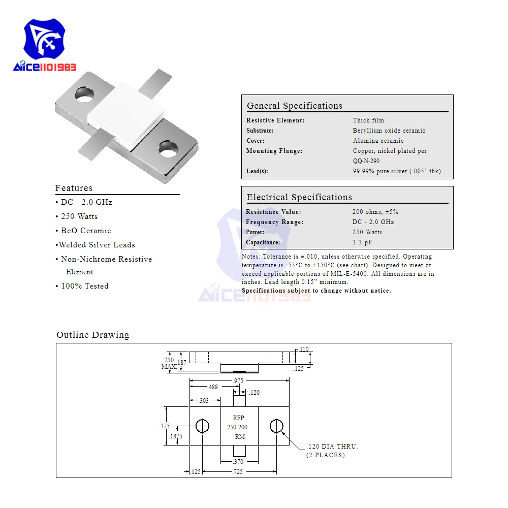 diymore 150W 50 Ohm DC 3GHz 250N50F RF Termination Microwave Resistor Dummy Load RFP Copper