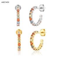 andywen 925 sterling silver rainbow cz 10 8mm rainbow hoop piercing colorful spring huggies circle round earring fine jewelry