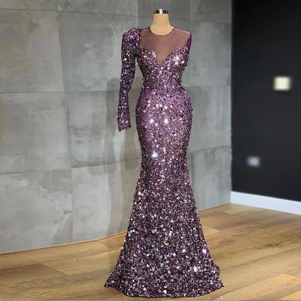 

Роскошные блестящие фиолетовые Вечерние платья-русалки с бисером и блестками, Длинные вечерние платья на одно плечо, официальное платье, 2021