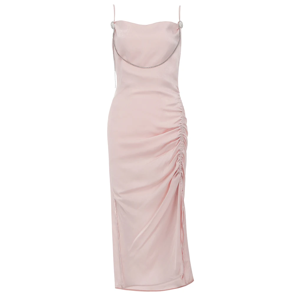 

Women Summer Fashion Sexy Sleeveless Backless Crystal Diamond Pink Midi Lady Dress 2021 Elegant Evening Party Dress Vestidos