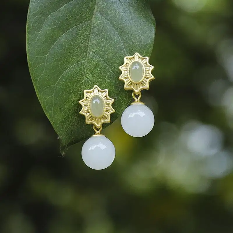 Natural Hetian Jade White Jade Eardrops S925 Sterling Silver Earrings Antique Retro Gilding Craft Silver Earrings