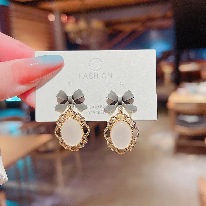 

S925 Silvers Retro Bow Earrings Female Cool Temperament Fashion Opal Woman Party Earring Jewellery Exquisite