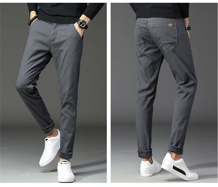 Зимние новые мужские теплые повседневные брюки бизнес мода Slim Fit стрейч плотные брюки мужские брендовые хаки ВМФ серые брюки