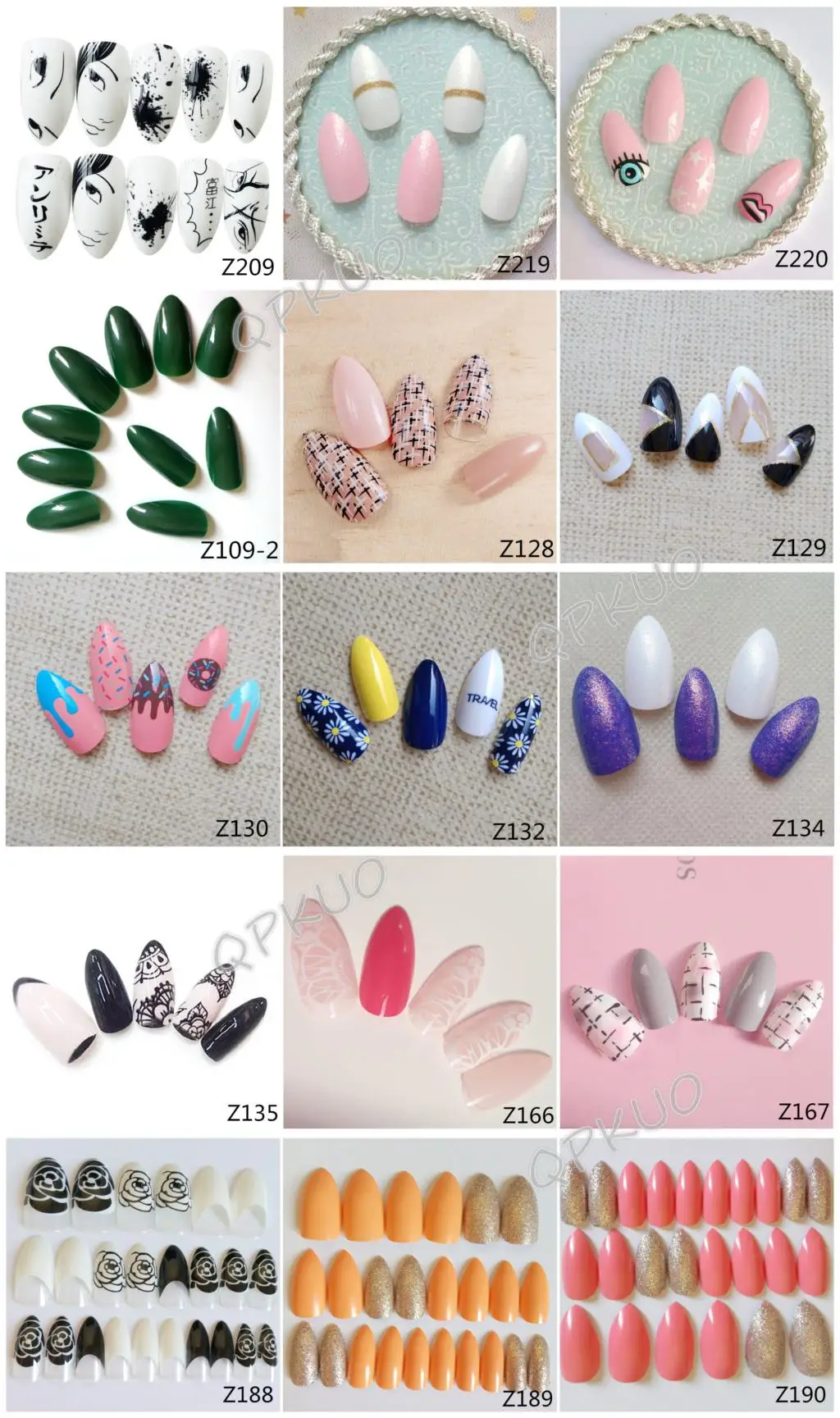 Wholesale Artificial Fake Nails Black White Cartoon False Nails Tip Acrylic Stiletto Nails Japanese Style Lady Manicure Tool