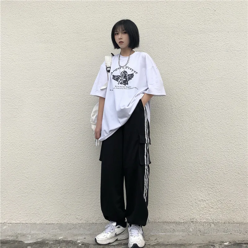 

sweatpants ins striped elastic waist pockets solid harem pants preppy style spring hot high Capris Women's Clothing full length