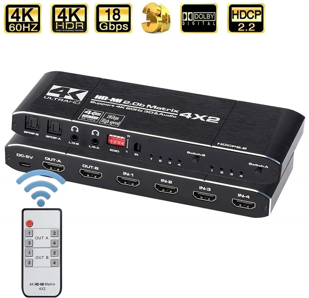 4K60Hz HD MI матричный коммутатор 4x2 сплиттер Поддержка HDCP 2 ИК пульт дистанционного