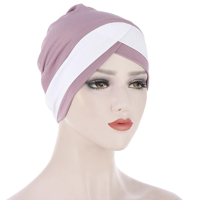 

Women Stretchy Turban Hat Cross Head Wrap Cotton Hijab Cap Solid Color Soft Headscarf Fashion Muslim Hats Scarf High Quality