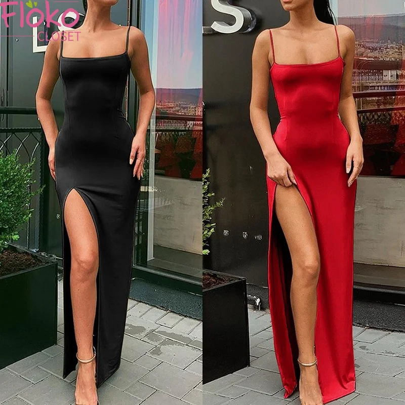 

Flokocloset Sexy Spaghetti Strap Split Summer Dress Women Long Dresses Backless Clubwear Evening Party Dress Robe