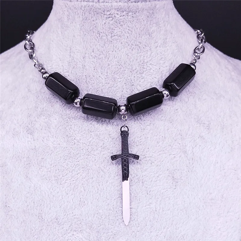 

Viking Sword Stainless Steel Obsidian Charm Necklaces Silver Color Necklaces Women Jewelry gargantillas cortas mujer NX405304