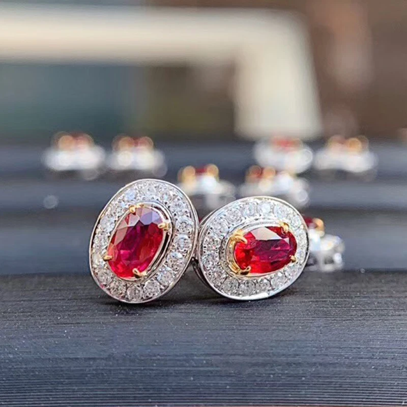 AEAW Solid 18K Белое Золото 0.58ctw/пара 0.226ct Овальный натуральный рубин с естественной