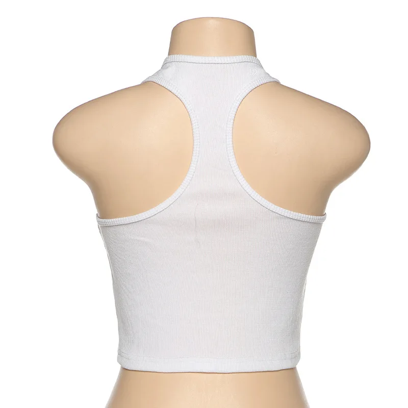 

Goth Dark Letter Embroidery Girls New O-Neck Sleeveless Ladies Camis Summer Chic 2021 Basic Streetwear Women Crop Top Sexy Sport