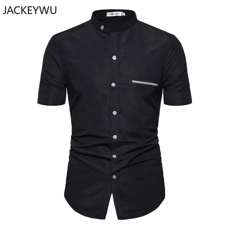 Бренд Мандарин воротник рубашка для мужчин лето мода сплошной цвет Slim Fit короткий рукав повседневные рубашки деловые формальные Camisas