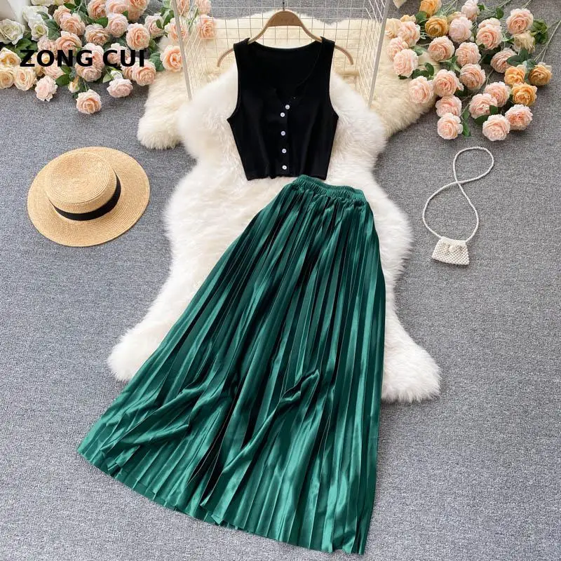 

Summer fashion Skirt Set women's sleeveless single breasted black top + green Pleated long skirt streetwear 2-piece set 2021