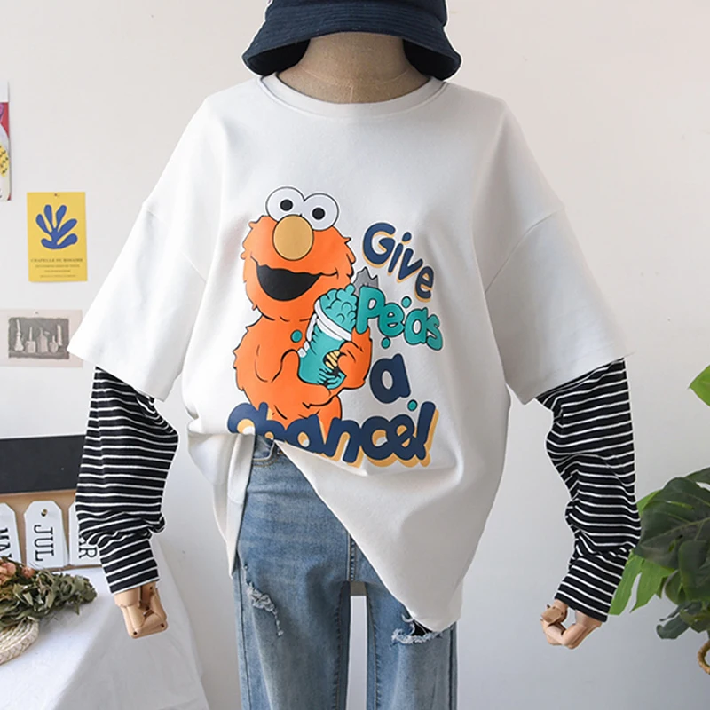 

autumn cotton oversized graphic tees Women harajuku Long Sleeve casual cartoon t shirt white tops Couples t-shirts streetwear