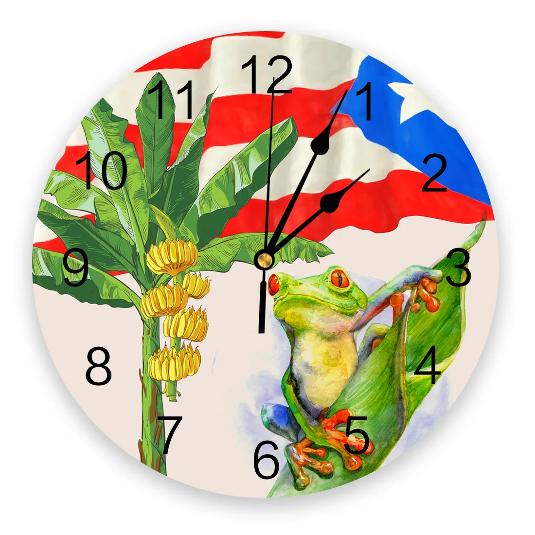 

Modern Wall Clock Banana Leaf Puerto Rico Flag Frog PVC Wall Clock Home Decor Bedroom Silent Oclock Watch Wall for Living Room