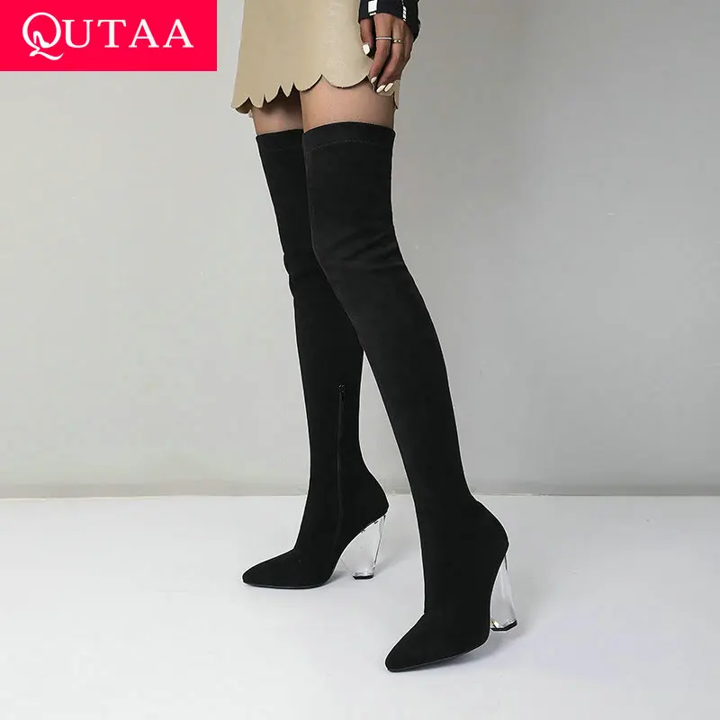 

QUTAA 2022 Flock Over The Knee Boots Winter Pointed Toe Slip On Women Shoes Stretch Boots High Heel Fashion Long Boot Size 36-41