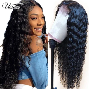Usmei Long Curly Synthetic Wig T Part HD Transparent Lace Frontal Wig With Baby Hair lace front Pre Plucked Lace Wigs for Women