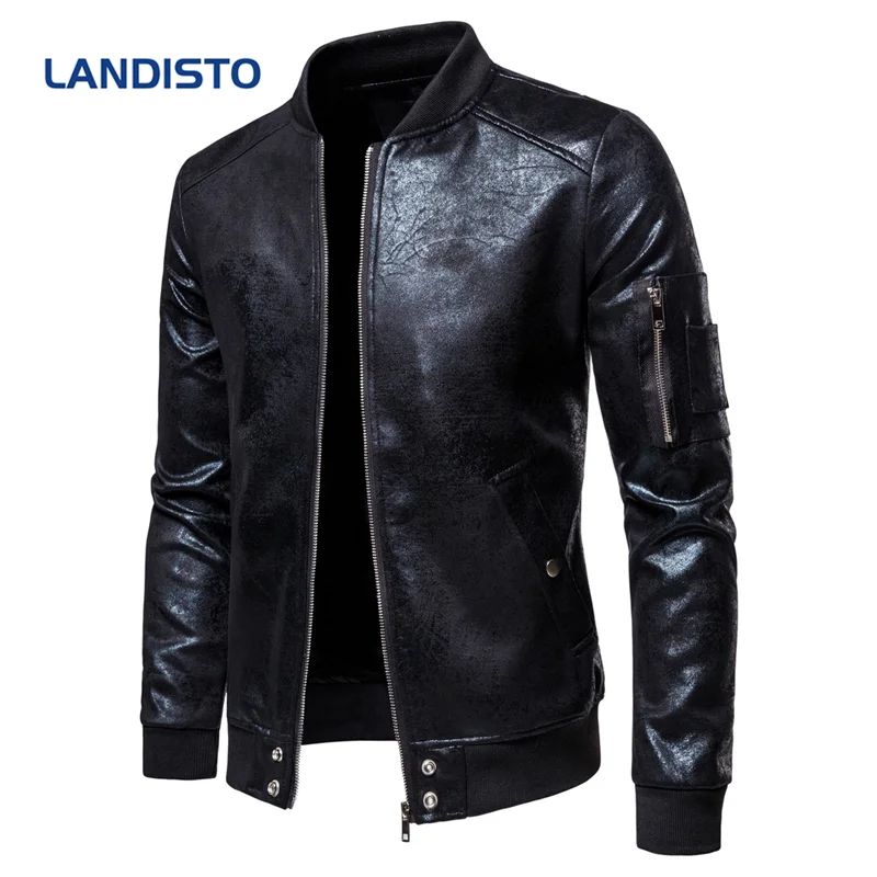 Мужская кожаная куртка LANDISTO на молнии для весны и осени 2019|Куртки из искуственной