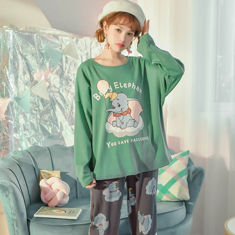 Disney Dumbo Women's Autumn Winter Two-piece Home Suit Soft Casual Long-sleeved 100% Cotton Long Sleeve Top Pants Pajamas Women