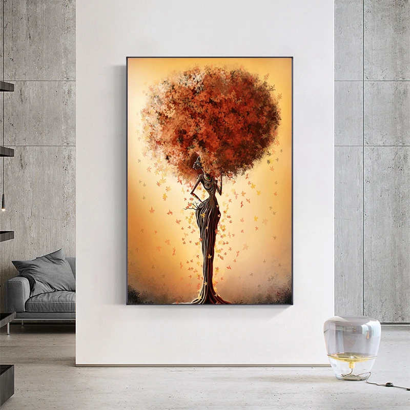 Абстрактный плакат с изображением черной Африканской девушки Цветных Листьев