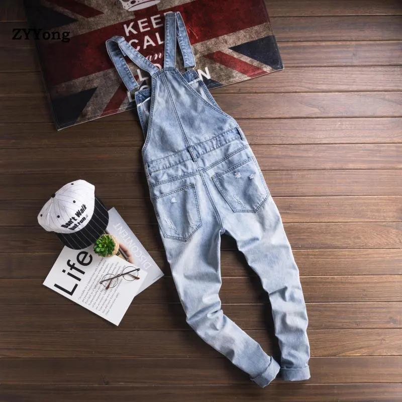 2020 New Style Men's Light Blue Ripped Jeans Jumpsuits Hi Street Distressed Denim Bib Overalls For Man Suspender Pants S-6XL