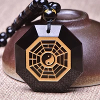 men necklace pendant black obsidian gold plated tai chi star anise yin yang gossip pendant free chain for male fine jade jewelry