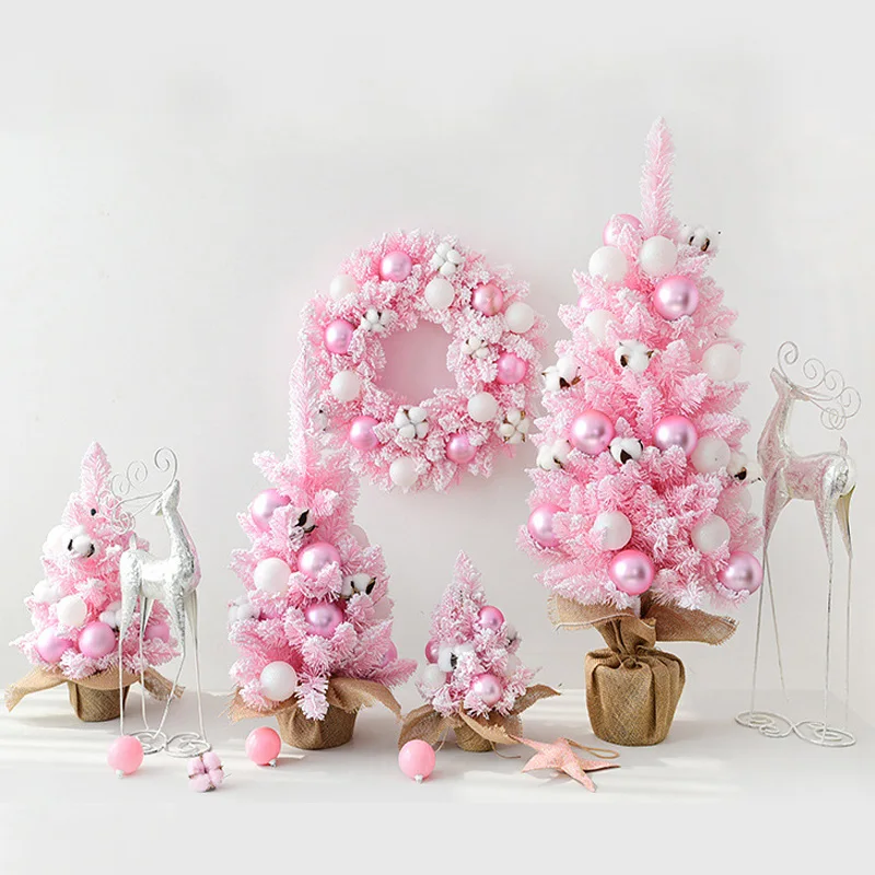 30/45/60/90cm Pink Christmas Artificial Tree Snow folcked tree Wreath Ball Ornaments trees New Year Desktop Window Home Decor | Дом и сад