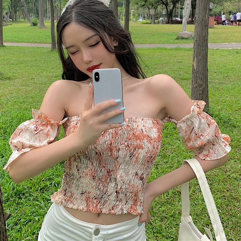 

ETOSELL Women's Floral Print Square Collar Sweet Sexy Puff Sleeve Chiffon Shirt Blouse Slash Neck Off-shoulder Tops Girls