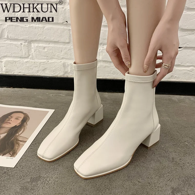 

Ботинки женские короткие из мягкой кожи на толстом каблуке, Осень-зима 2021