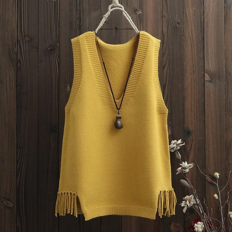 Женский свитер жилет без рукавов вязаный пальто корейский Однотонный пуловер с
