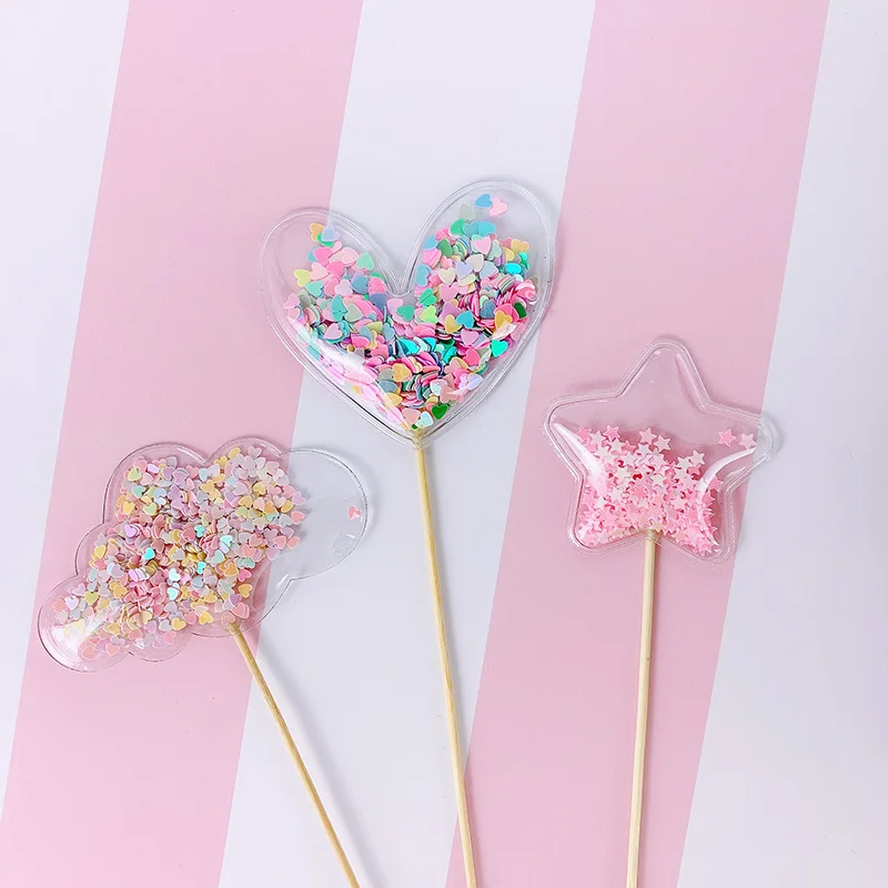 Transparent Confetti Love Heart Star Crown Mermaid Tail Cloud Shape Cup Cake Topper Valentine Children's Day Party Decorations