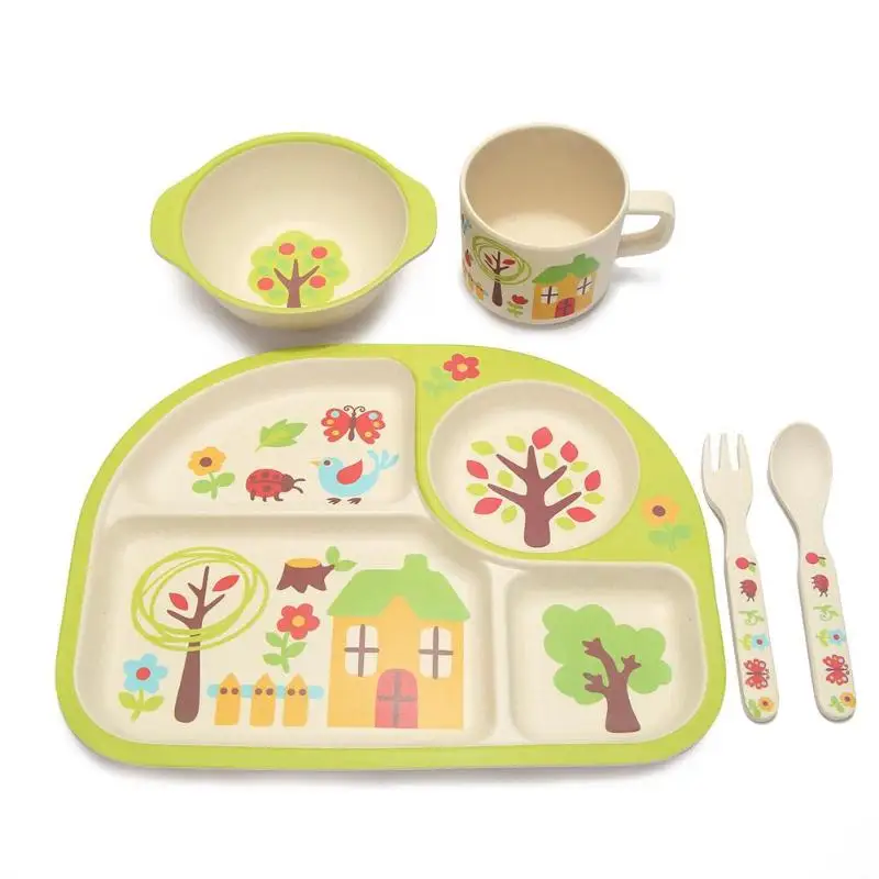 

5pcs/set Eco-friendly Bamboo Fiber Baby Plate Cup Bowl Spoon Dishes 4 Slots Children Tableware Sets Baby Kids Dishes Dinnerware
