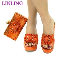 newest in orange color african fashion woman shoes and bag set for wedding italian design mid heel shoes and matching bag set