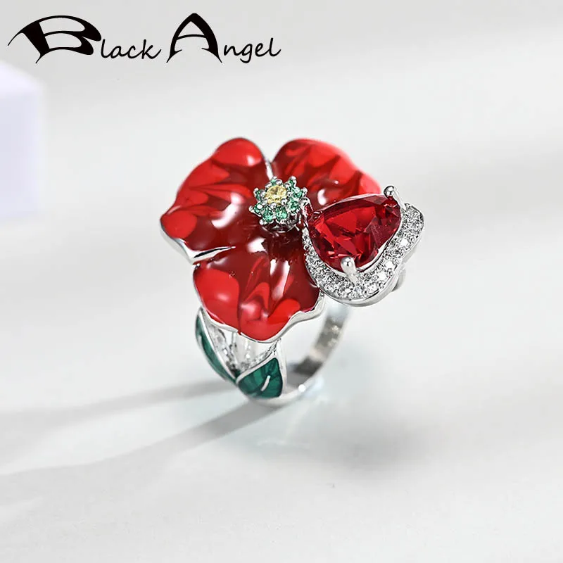 

BLACK ANGEL Fashion Handmade Red Enamel Rose Flowers Ring For Women 925 Silver Ruby Gemstone Finger Rings Party Gift Jewelry