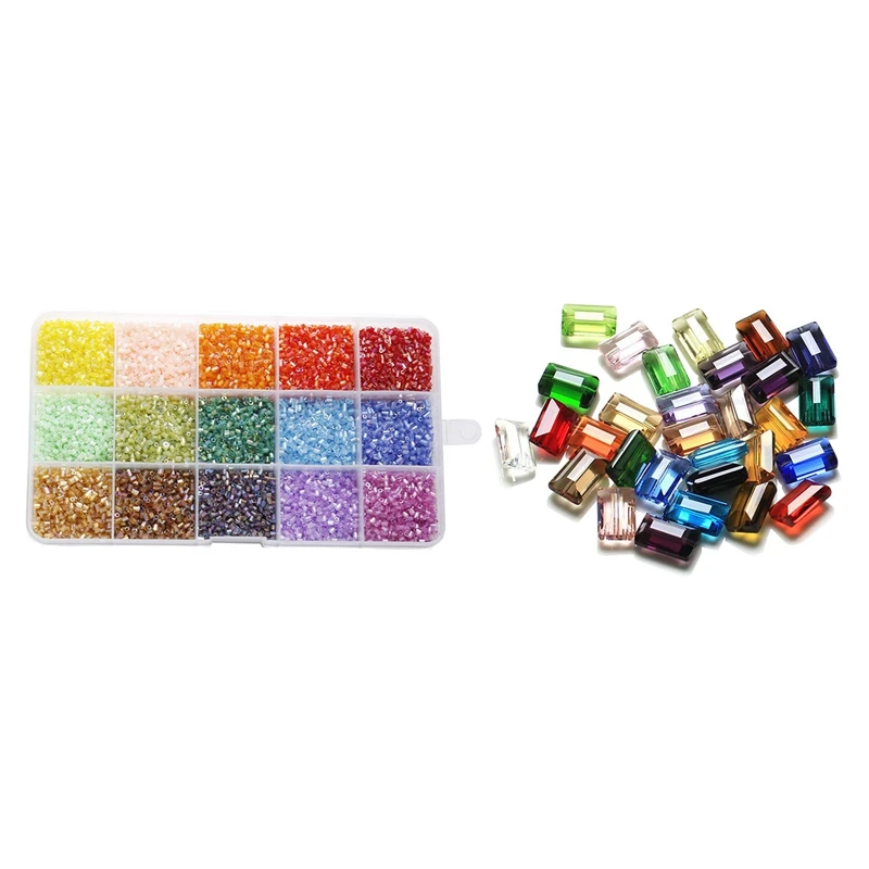 

2 набора, цветные трубчатые бусины, Хрустальные стеклянные бусины с хрустальными стеклянными бусинами, прямоугольные плоские бусины