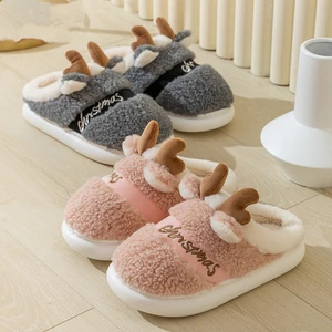 Winter Women Home Slippers Hairy Cozy Christmas Deer Gift Warm Shoes Couple Floor Slides Indoor Plush Cotton Slippers With Ears