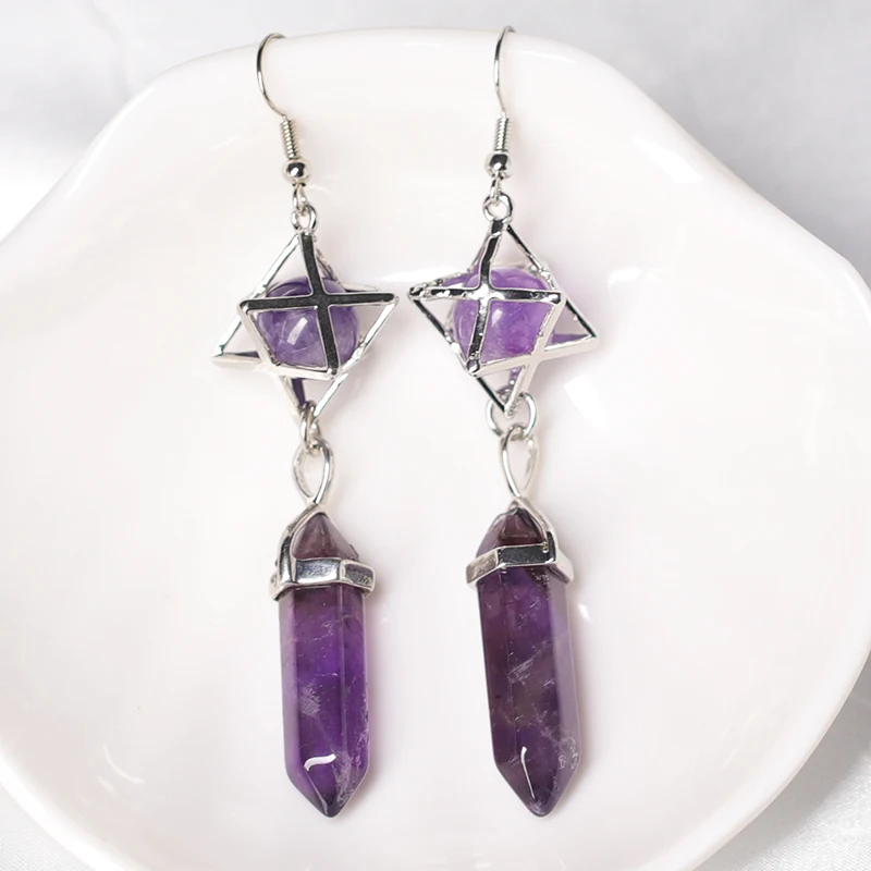

1PC Natural Crystal Earrings, Crystal Ore Magic Restoration And Healing Crystal Hexagon Pillar Earrings, Female Jewelry DIY Gift