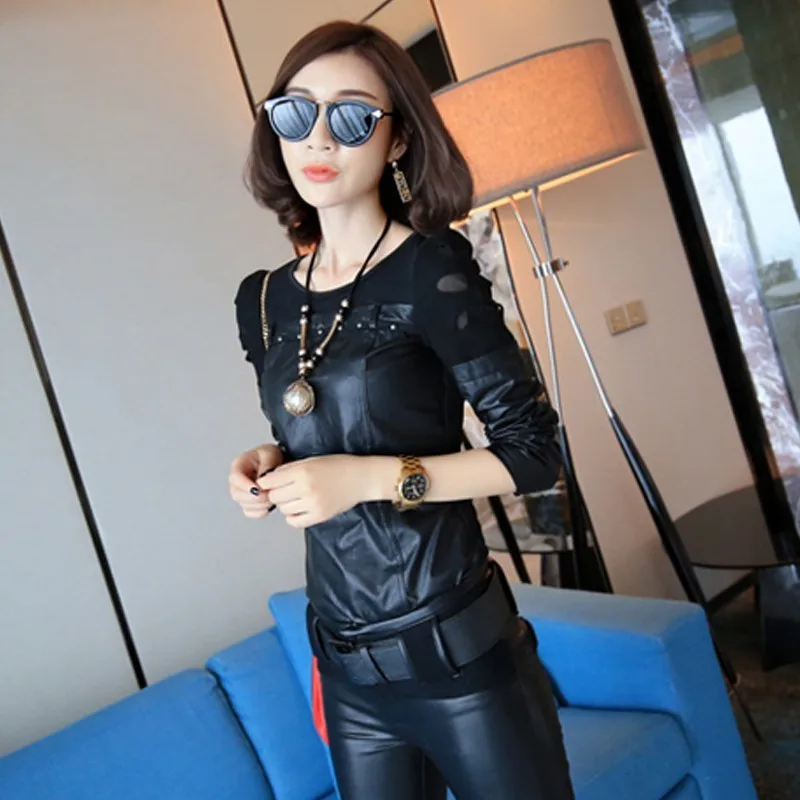 Women Fashion Pu Leather T-shirt Lace Pathwork Long Sleeve Tops Pullover Slim Fit O Neck Faux Tees Shirts Top | Женская одежда