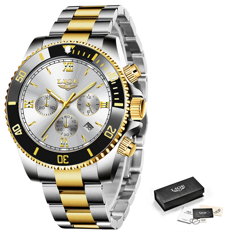 

Relogio Masculino LIGE Mens Watches Business Waterproof Date Clock Fashion Multifunction Stainless Steel Golden Quartz Watch+Box