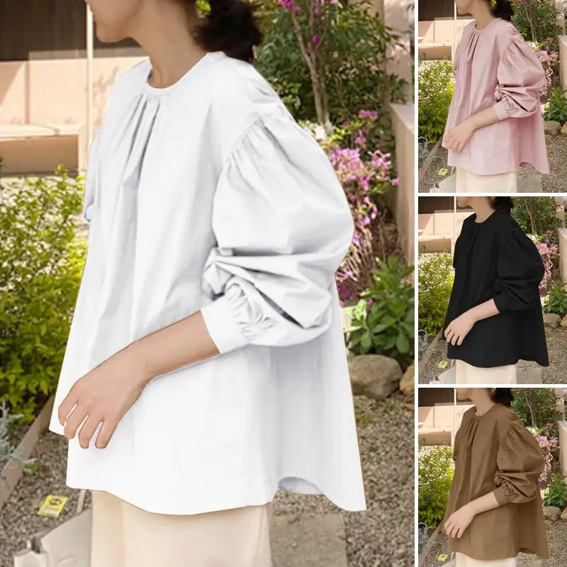 

ZANZEA Spring Women Shirt Casual Office Work Blusas Solid Long Puff Sleeve Blouse 2021 Stylish Tops Femininas Chemise Oversized