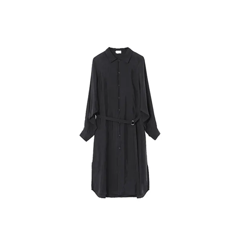 

XITAO Vintage Black Sashes Dress Women Clothes 2021 Spring New Fashion Polo Collar Long Sleeve Dresses Loose Match All ZY6037