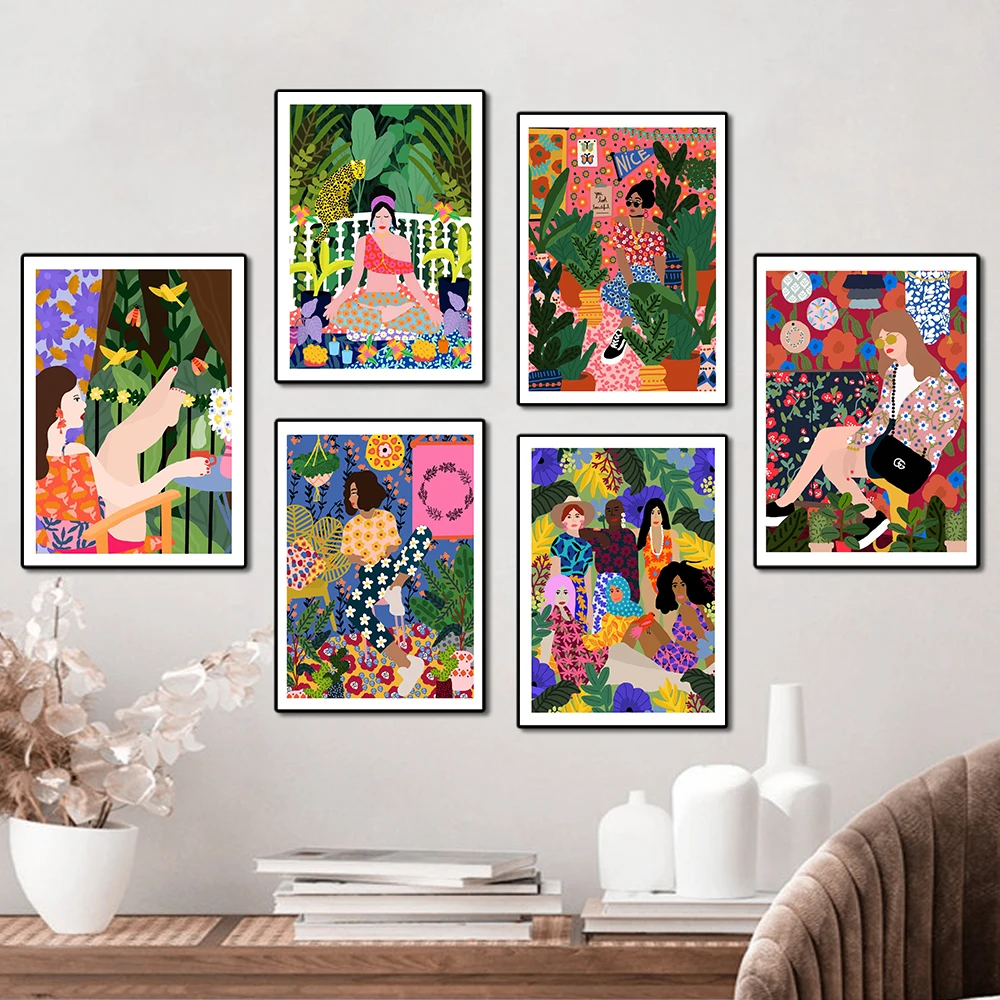 

Wall Art Print Painting Abstract Plants Fashion Girl Color Canvas Poster Nordic Feminism Livingroom Unique Decoration Pictures