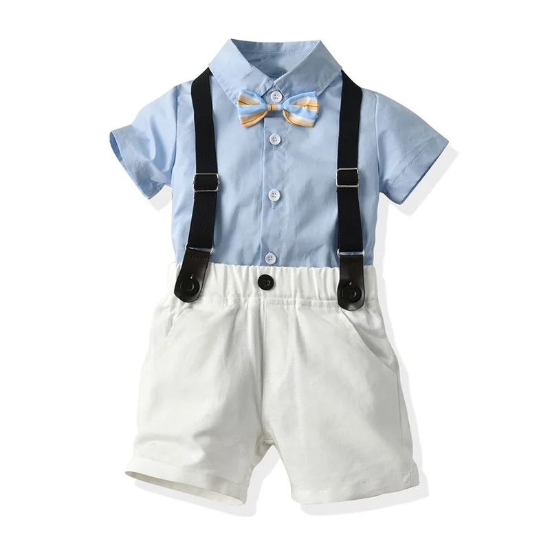 

Summer fashion boy clothes Gentleman's bow tie short-sleeved shorts suit Leisure sports cotton blue shirt.Campus style
