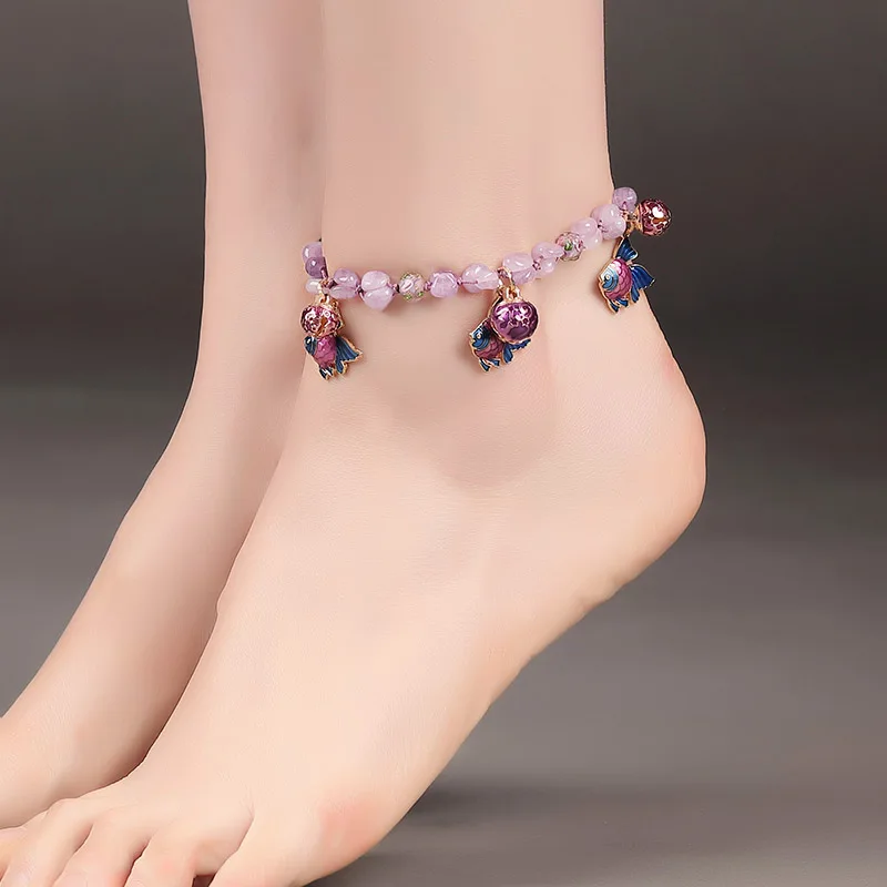 

Ethnic Ocean Wave Gold Fish With Bell Anklet Bracelets Women Beach Purple Color Ankle Chain Foot Bracelet Summer Jewelry