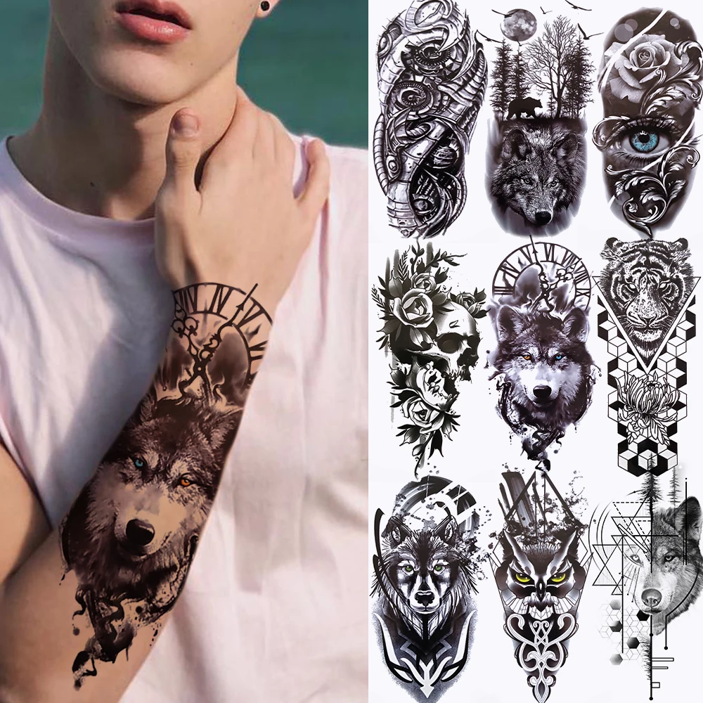 

Large Wolf Tiger Owl Tattoo Sticker Evil Death Skull Devil Black Temporary Tattoo For Men Kids Women Fake Tribal Totem Tatto