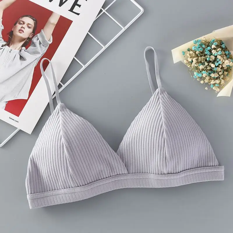 Women Girls Sexy V-Neck Triangle Bra Thread Ribbed Cotton Wireless Bralette Seamless Solid Color Spaghetti Straps Brassiere 4