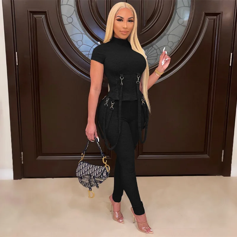 

Повседневный комплект из 2 предметов, женская одежда, лоскутный топ с коротким рукавом на шнуровке и брюки, осень 2021, модная спортивная женск...