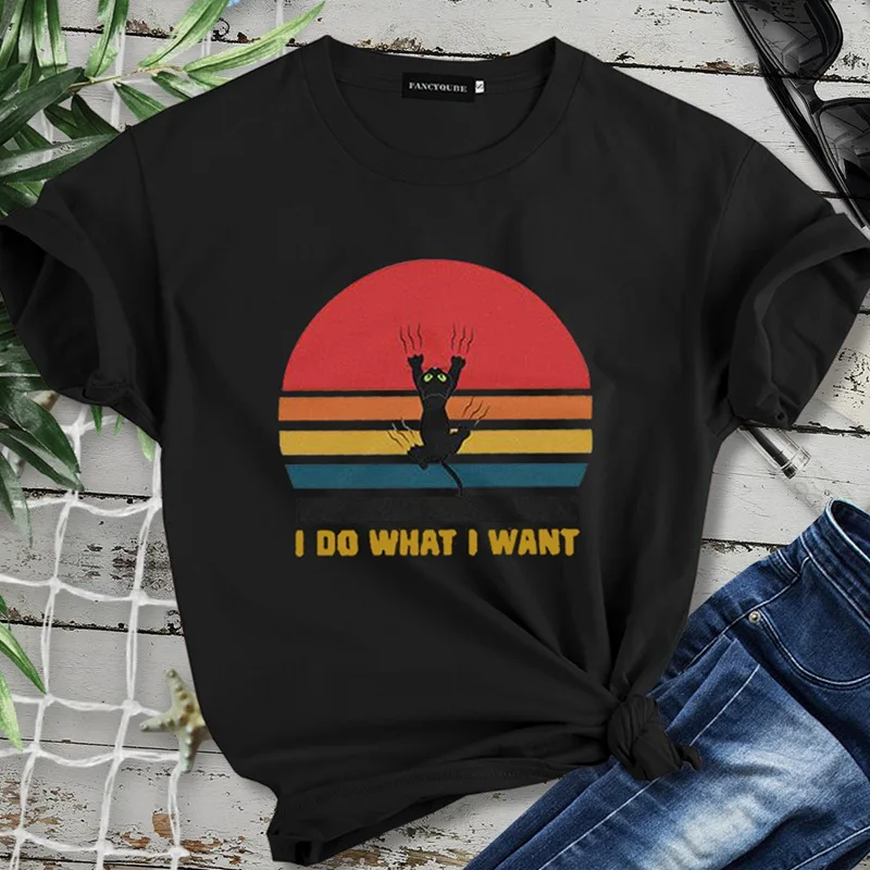 Милая кошка I Do What I Want винтажная женская футболка женская мужская футболка с длинными рукавами топы с круглым вырезом и коротким рукавом
