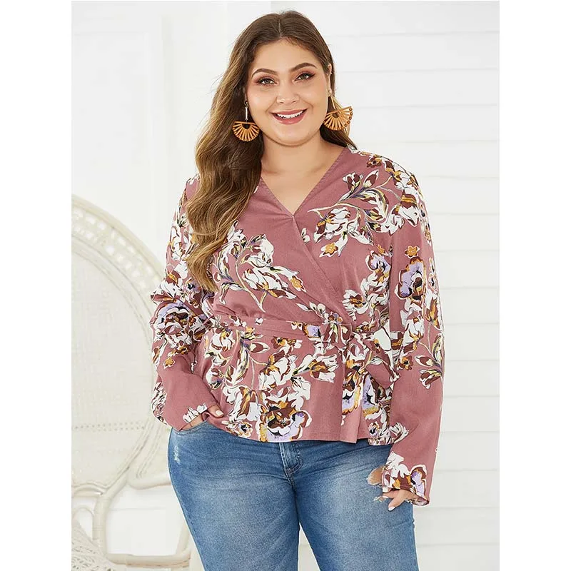 Женская блузка WHZHM с цветочным принтом V образным вырезом и длинным
