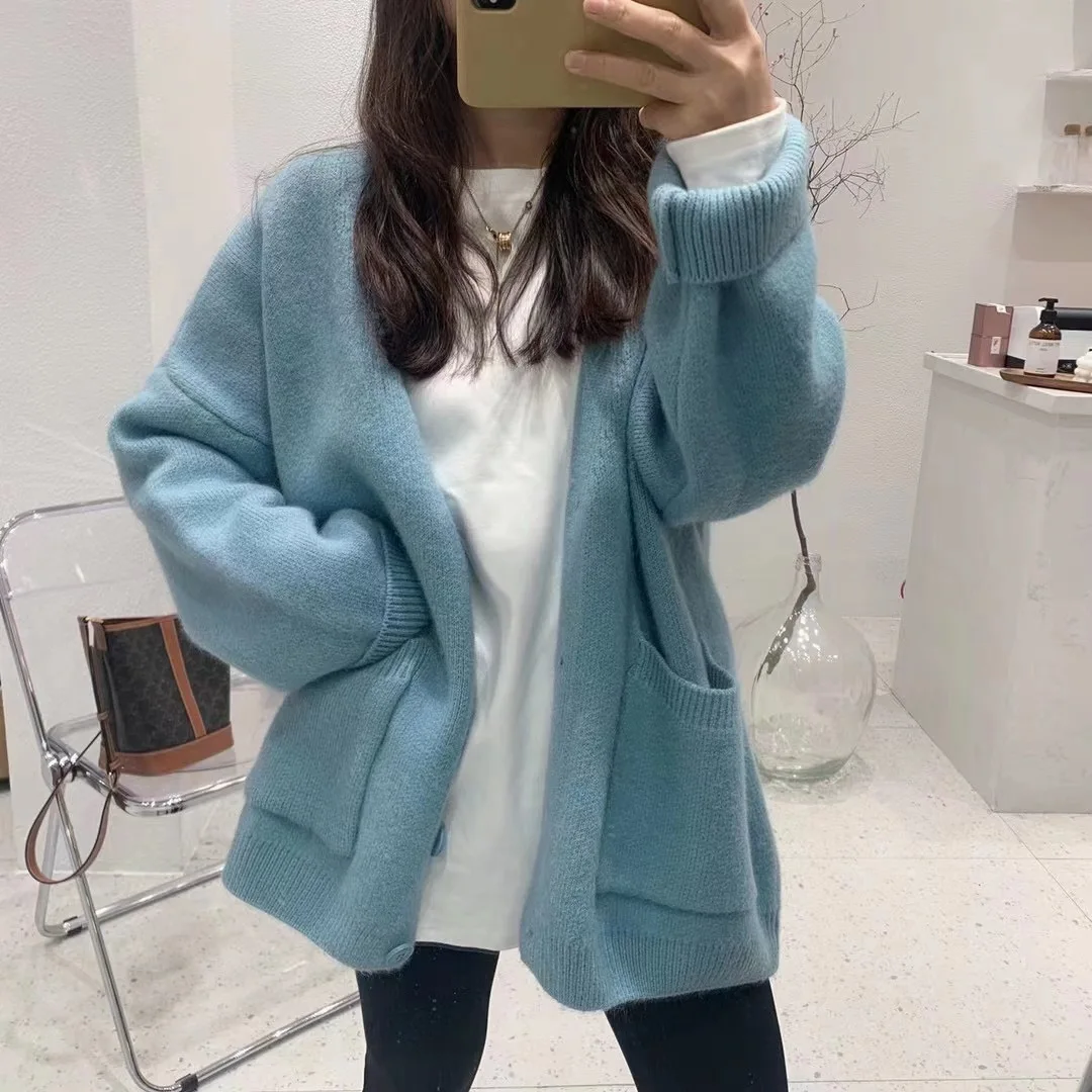 

2023 Winter Sweater coat Fall Korean Fashion Unif Cardigans Long Sweater Jacket Button Up knitted Cardigans Harajuku Tops Blue